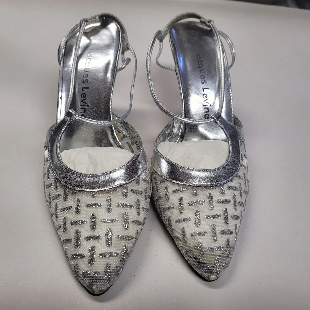 VINTAGE 90's Jacques Levine Silver Sheer Rhythm Kitten Heel Slingback Size 6 1/2